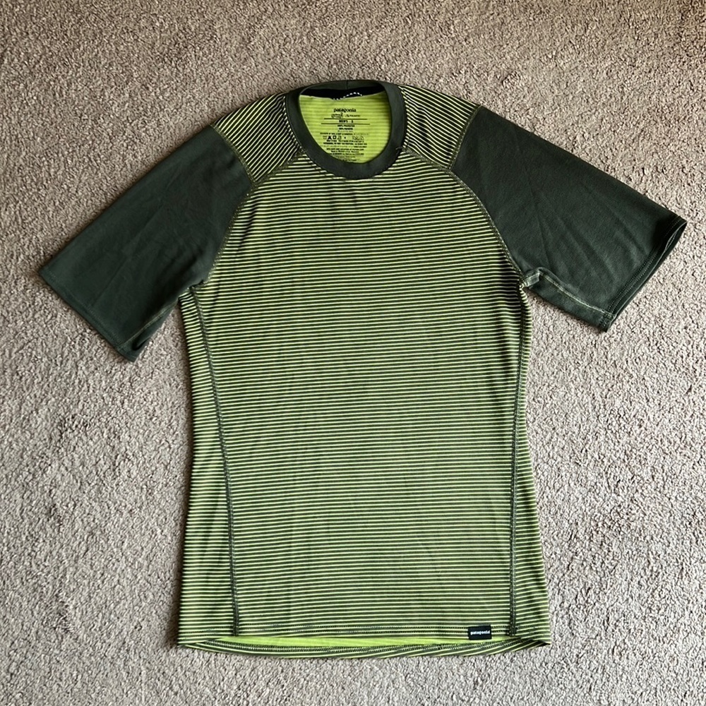 Patagonia Capilene 2 Lightweight Striped Green Brown T Shirt Baselayer